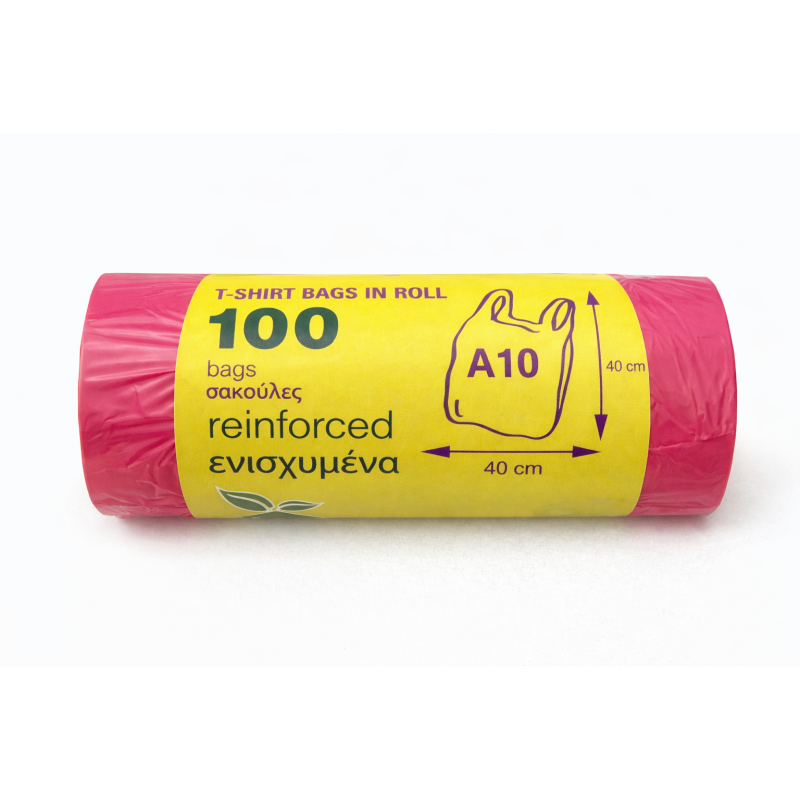 T-Shirt Bags in Roll A10 – 100 pcs (40x40 cm), Reinforced (Pink)