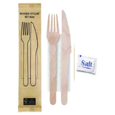 16CM WOODEN CUTLERY 5/1SET (FORK+KNIFE+TISSUE+TOOTHPICK+SALT)