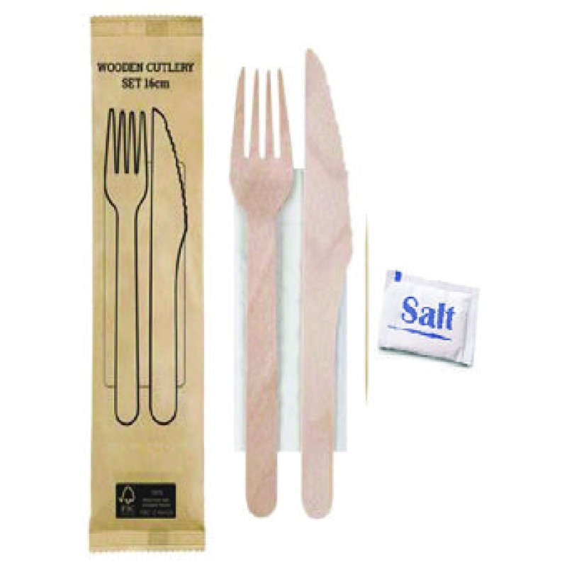16CM WOODEN CUTLERY 5/1SET (FORK+KNIFE+TISSUE+TOOTHPICK+SALT)