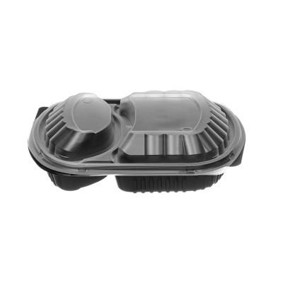Black PP Microwave Container 2 Compartments 1050ml with Lid — 150 pcs